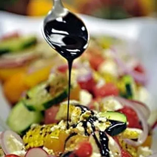 Fresh Corn, Watermelon, and Feta Salad with Balsamic Reduction