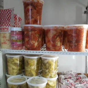 Japanese Mayo, Ginger, Homemade Kimchi, Homemade Cai Chua (Pickled Vegetables), and Red Peppers