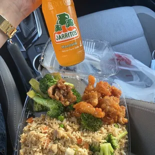 Orange Chicken, Beef &amp; Broccoli, half and half Chicken/Veggie Fried Rice, and a Jarritos Mandarin.