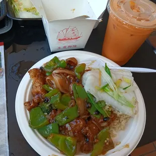 Fish in black bean sauce and Thai ice tea.