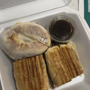 The Dip and Bagel with egg,sausage,and cheese.