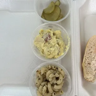 Sides - potato salad, macaroni salad, pickles