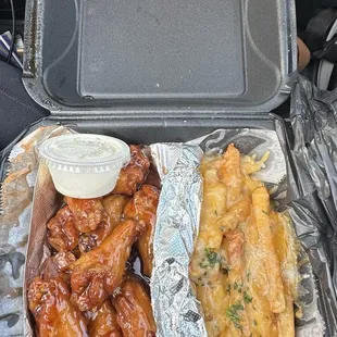 Honey wings and cheese fries!
