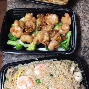 Chicken lo mein, Walnut shrimp &amp; house fried rice! Delicious!! Our new favorite Chinese spot!!!