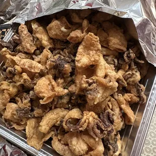 a tray of fried food