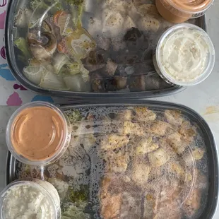 Rocky's Hibachi Meal w/t chicken , steak and shrimp with broccoli,carrots, zucchini,onions and mushrooms.