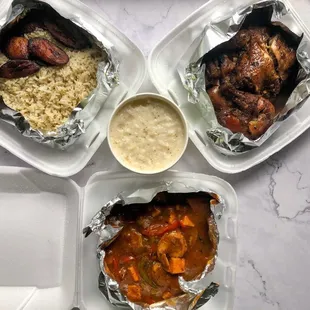 Jerk Chicken, white rice &amp; sweet plantains and Creole Shrimp &amp; Grits