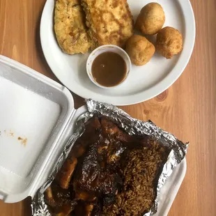 Salt fish Fritters with a coconut jerk sauce &amp; Jerk Chicken with rice &amp; peas &amp; fried dumplings