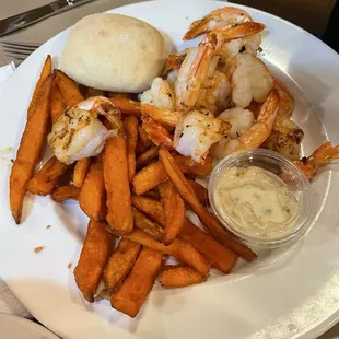 Grilled shrimp with sweet potato fries
