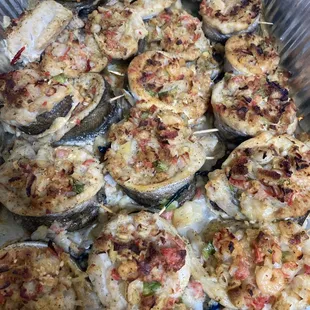 a pan of stuffed eggplant