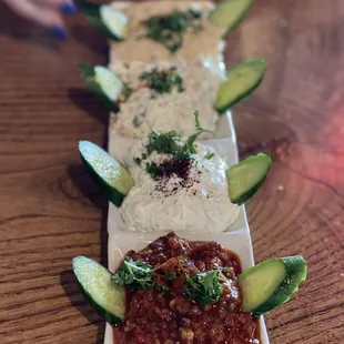 Mixed Appetizer Plate $13.99 Top-bottom: Hummus, Babaganoush, Lebni, Muammara