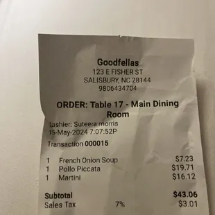 Receipt showing prices different than menu states.