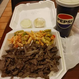 Beef Shawerma, rice, 2 sides of pasta salad with Mountain Dew