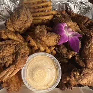 Shrimp, chicken and fries