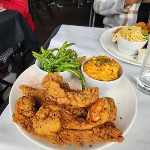 3 Combo Fried Red Snapper, Oysters and Prawns, Mac and Cheese and Garlic Green Beans