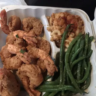 Fried Red Snapper, Mac and Cheese and Garlic Green Beans