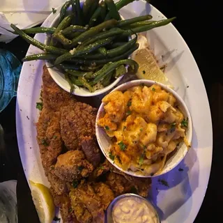 Combo Fried Red Snapper and Prawns, Mac and Cheese and Garlic Green Beans