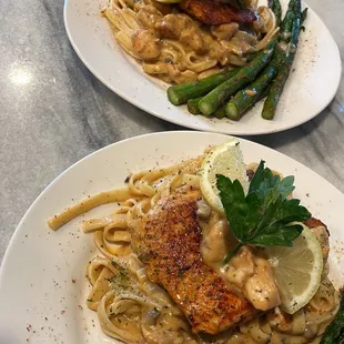 Blackened Salmon, Seafood Pasta &amp; Asparagus