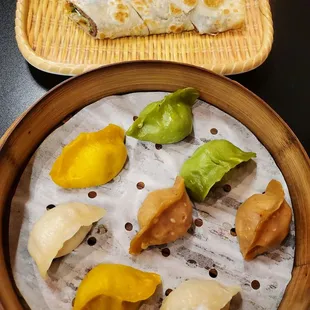Beef burrito Assorted colorful dumplings (chicken, beef, pork &amp; shrimp, veg)