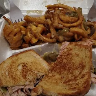 The Duke sandwich with green chile cheese fries.