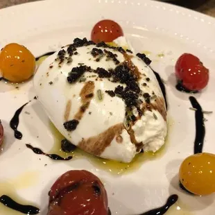 Fresh Italian Burrata, baked cherry tomatoes, Korean fermented garlic