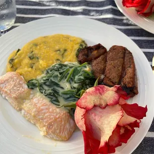 Dijon salmon, Balsamic Soy and Ginger Beef, Asiago basil polenta and creamed spinach. All very tasty!