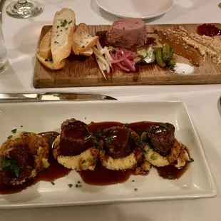 Top: Foie Gras terrine appetizer.  Bottom: Kangaroo medallions