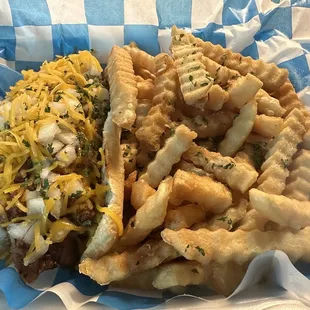 Loaded hotdog and fries