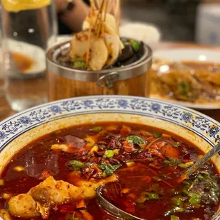 Fish Filet in Chili Oil Soup &amp; Spicy Szechuan Skewers