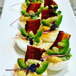 Deviled Eggs with Jalapeño and Bacon