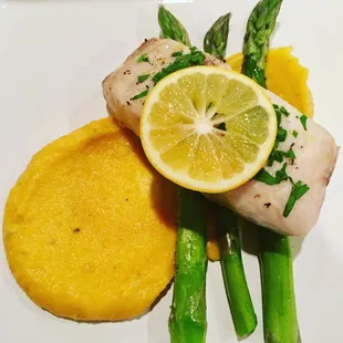 Fine Dining Dinner for 10. Butternut Squash Puree, roasted Sea Bass with Herbs, Roasted Asparagus and Lemon.