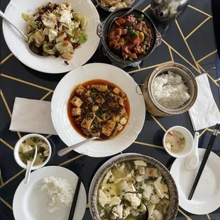Mapo tofu, Napa Cabbage Stir Fried with Sweet and Sour Sauce, Sichuan Style Spicy Wonton, Boiled Fish Fillet in Heavy Peppercorn Flavor