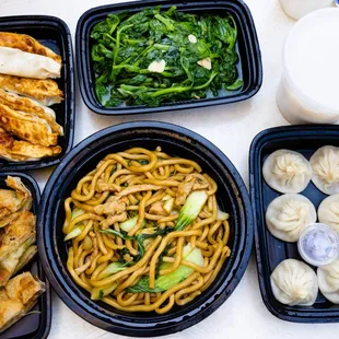 potstickers, scallion pancakes, peach sprouts, Xiao long bao, noodles