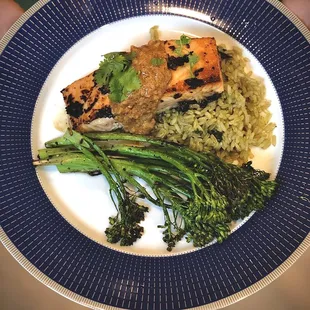 Weeknight Dinner: Garlic-Spiced Butter Salmon, Coriander Pilaf, cracked pepper Rapini