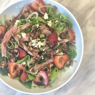 Strawberry Fields Salad with skirt steak: Point Reyes Blue, Orange Blossom Candied Pecan, picked shallots
