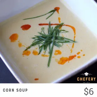 Fresh sweet corn and coconut milk soup with chili oil and scallion.