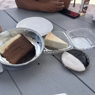 Chocolate moose cheesecake, traditional cheesecake, black and white cookie.