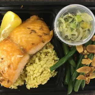 Cedar plank salmon with orange fennel slaw, brown rice and green beans.