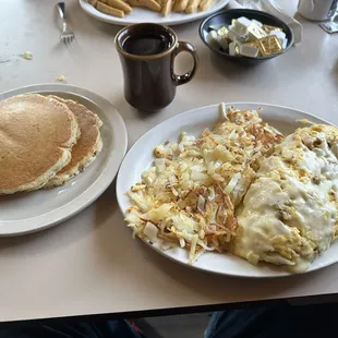 Mexican Omelette with hash browns and pancakes.