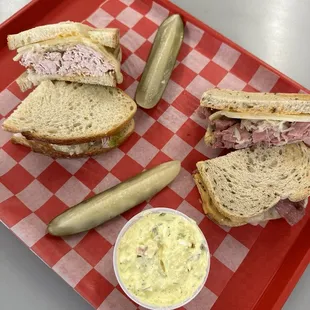 Reuben, potato salad, and turkey Reuben