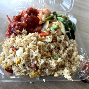 Sweet sour pork, basil shrimp, fried rice