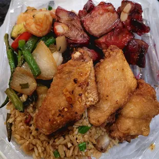 Spicy basil shrimp, bbq char siu pork short  ribs, garlic chicken wings. Over fried rice.