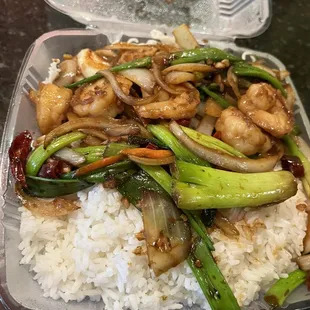 Mongolian shrimp over rice