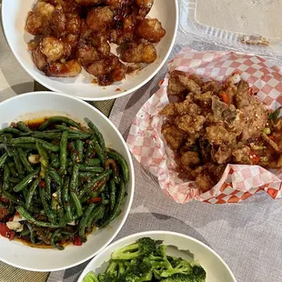 Salt and Pepper Pork Chop, Broccoli with Garlic, Dry Fried String Beans, Orange Chicken