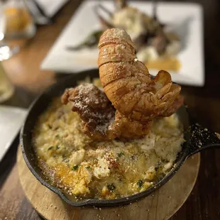 seafood mac with fried lobster tail