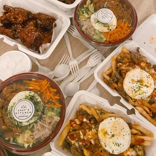 Bibimbap, bulgogi fries, Korean Fried Chicken Wings, Naked