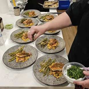 Dinner for 8 - Entree.  Bronzed Redfish over Corn Maque Choux with Smothered Green Beans