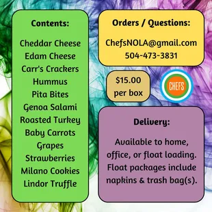 Contact Chefs to place your order - delivery available in the metro New Orleans area.  (2023)
