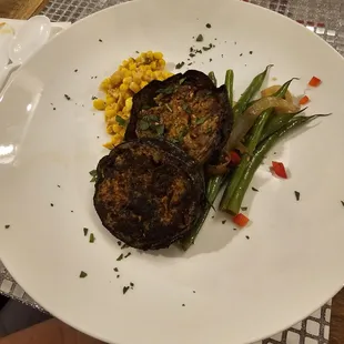 Bronzed Eggplant - the vegetarian alternative for bronzed chicken.  Served with corn maque choux and smothered green beans.