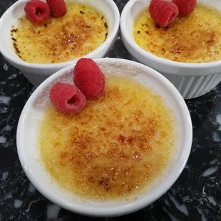 Classic Creme Brulee.  A rich vanilla custard with a crisp browned sugar topping.  A decadent end to a wonderful dinner!